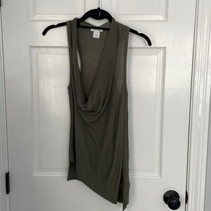 Club Monaco sleeveless sweater with asymmetrical hem and deep cowl neck.